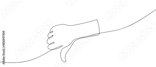 Dislike, hand pointing thumb down in one continuous line one line vector illustration Editable stroke.