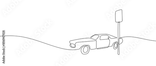 Cars are parked next to road signs in one continuous line. one line vector illustration Editable stroke.