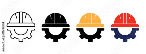 Construction helmet on the gear icons set. Construction, labor and engineering symbols. Helmet and gear flat or line icon - stock vector.