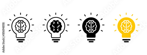 Brain in light bulb icon set. Creative, generating idea, solution , knowledge, lamp - stock vector.