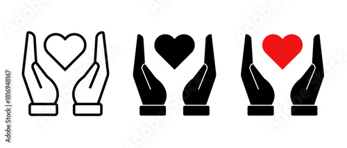 Love icon vector set featuring heart with hand symbols. Gift with hand signs, perfect for representing care, giving, and affection in various designs.