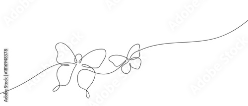 Two decorative butterflies on a card, in one continuous line. one line vector illustartion Editable stroke.