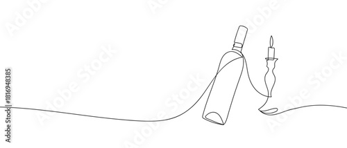 Wine bottles and candlesticks in one continuous line. one line vector illustration Editable stroke.