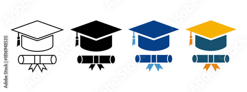 Graduation hat cap icons set. Academic cap. Graduation student black cap and diploma - stock.