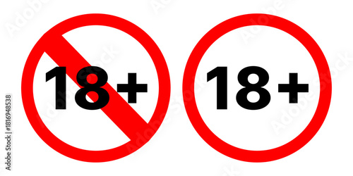 Icon of 18 plus age restriction sign vector of over eighteen years old adult limit censored content only warning symbol, 18+ alert permission access red label, prohibition or forbidden information.