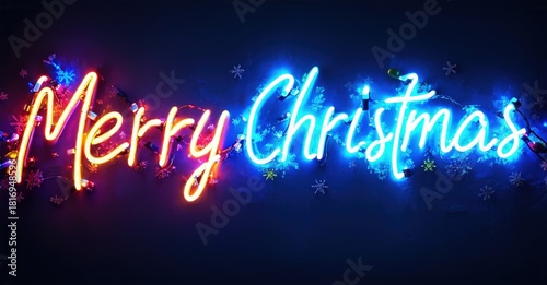Bright neon sign displays Merry Christmas. Blue, red hues dominate dark background. Festive snowflakes add holiday spirit.