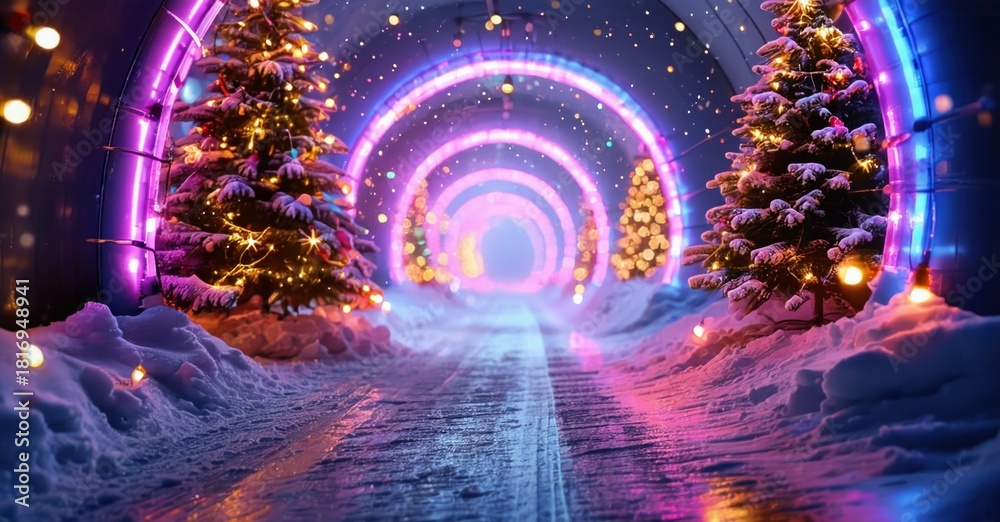 Fototapeta premium Winter scene shows illuminated tunnel. Snow covers ground, trees flank path. Bright lights create magical atmosphere.