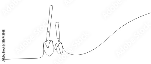 Two shovels in one continuous line one line vector illustration Editable stroke.