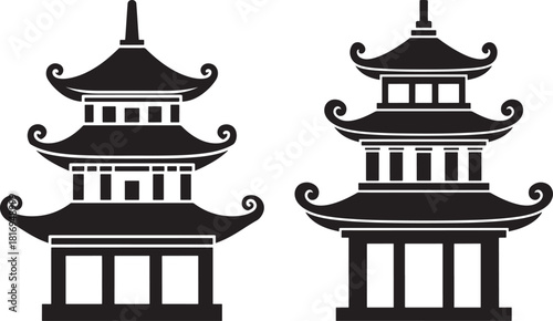 Two traditional asian pagoda buildings silhouette
