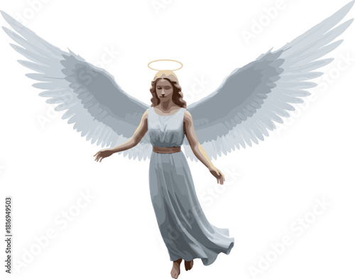 Graceful heavenly angel illustration with detailed wings and flowing white robe expressing peace, purity, and divine spiritual protection