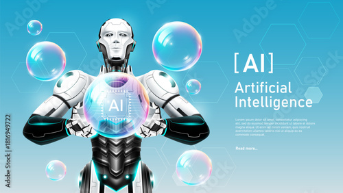 Futuristic AI robot holding a soap bubble containing an AI chip symbol. Concept of technology market hype, investment risk, or fragile innovation, vector illustration