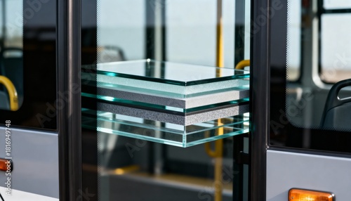 Medium shot of laminated safety glass in a bus door highlighting durability and passenger safety through multilayered construction