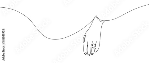 The bride's hand wears a ring on her ring finger, in one continuous line. one line vector illustration Editable stroke.