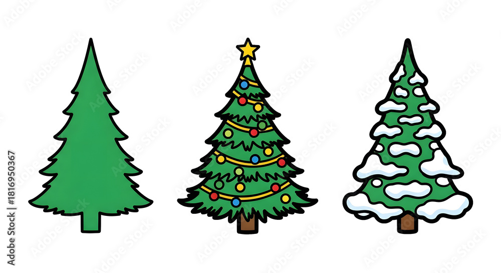 Obraz premium Sticker pack of three pine trees, plain, decorated, and snowy, on a transparent background, perfect for winter, Christmas, and nature-themed graphic design. 