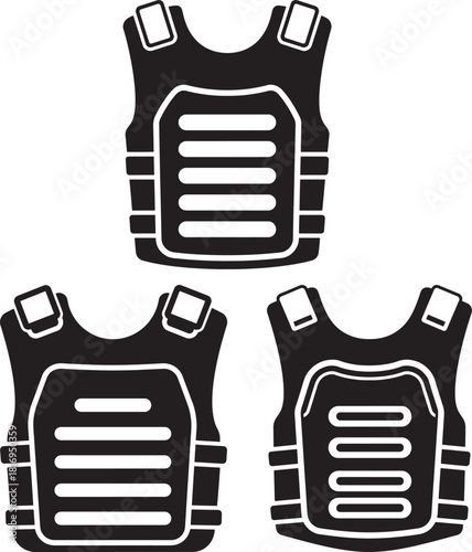Three tactical bulletproof vest icons silhouette