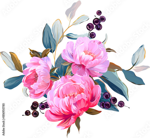 Beautiful vector bouquet flowers. Summer flower peony, forget-me-nots. Pink, bright flowers