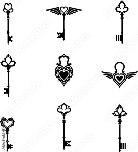 Vintage Ornamental Key & Lock Silhouette Set