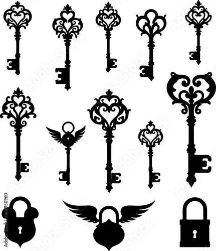 Vintage Ornamental Key & Lock Silhouette Set