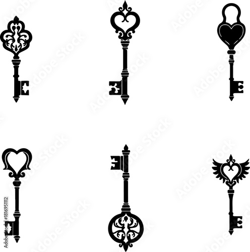 Vintage Ornamental Key & Lock Silhouette Set