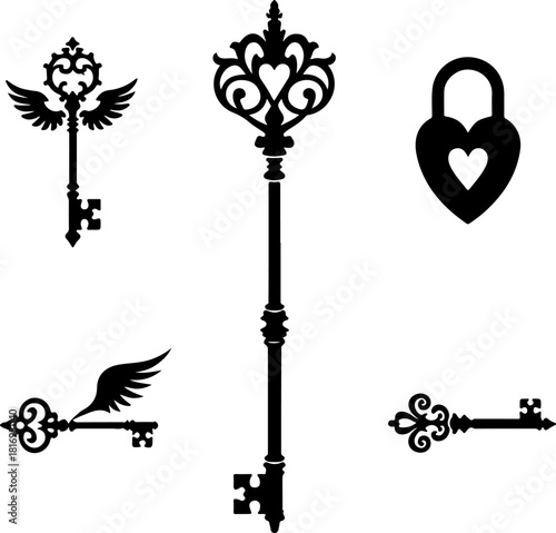 Vintage Ornamental Key & Lock Silhouette Set