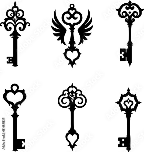Vintage Ornamental Key & Lock Silhouette Set
