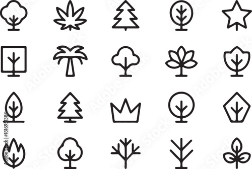 A diverse collection of tree icons showcases various forms and foliage designs in black