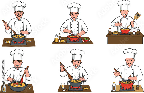Professional chefs cooking delicious meals on stove, kitchen illustration set with culinary ingredients, food preparation, restaurant workers, chef characters