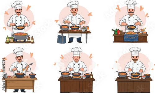 Professional chefs cooking delicious dishes at kitchen counters, cartoon culinary characters preparing food, restaurant cuisine illustration set for food industry design