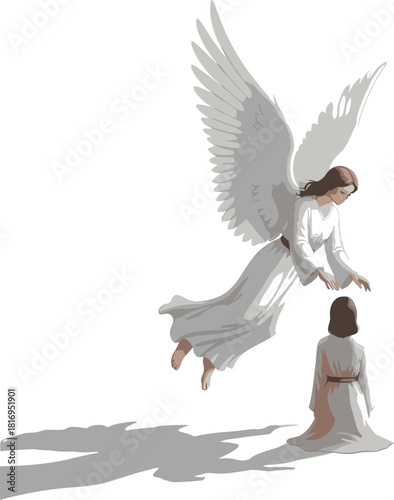 Graceful heavenly angel illustration with detailed wings and flowing white robe expressing peace, purity, and divine spiritual protection
