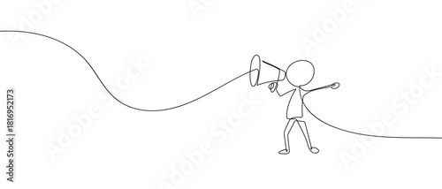 Sticky Man holding a megaphone in one continuous line one line vector illustration Editable stroke.