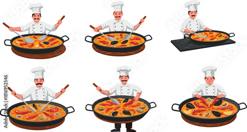 Chef preparing traditional Spanish paella in large pan, cooking seafood dish with vegetables and spices, professional kitchen illustration set