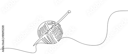 Yarn and knitting needles in one continuous line one line vector illustration Editable stroke.