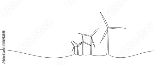 Multiple wind turbines generate electricity in a row in a continuous line. one line vector illustration Editable stroke.