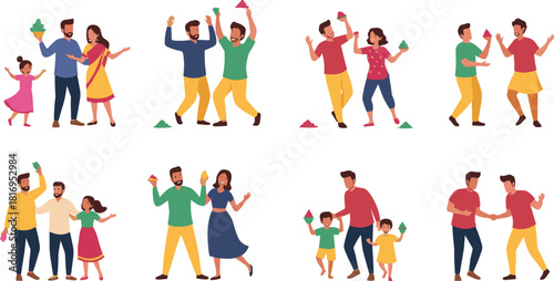 Holi celebration families and friends playing with colorful powder, festive Indian culture, joyful people dancing, vibrant festival activities, holiday tradition