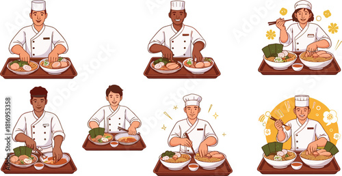 Professional chefs preparing delicious bowls of ramen noodles, culinary cooking process, Asian cuisine illustration, food preparation scene, restaurant kitchen artwork