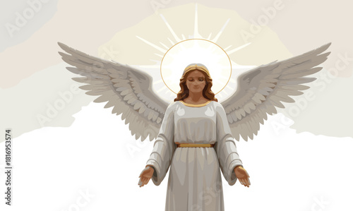 Graceful heavenly angel illustration with detailed wings and flowing white robe expressing peace, purity, and divine spiritual protection