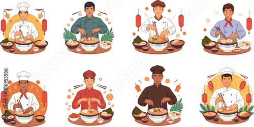 Professional chefs preparing delicious ramen bowls, culinary cooking process illustration set, noodle making, Asian food preparation, restaurant kitchen artwork
