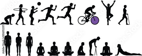 Silhouettes of people in various activities fitness and healthy lifestyle