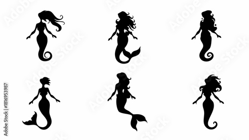 Mystical mermaid silhouettes with flowing hair and elegant tails, perfect for fantasy designs, children's books, or enchanting branding projects