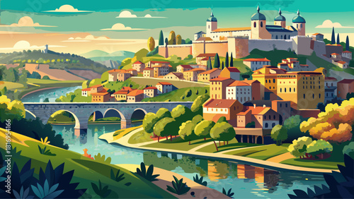 Very beautiful view of the Rio Tajo in Toledo, Spain, featuring the river winding through historic architecture, medieval bridges, and lush greenery, capturing the charm and timeless beauty of this ic