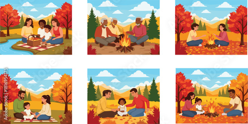 Families enjoying autumn outdoor activities, cozy picnics and warm campfires in scenic fall landscape, colorful foliage, peaceful nature and seasonal relaxation scenes