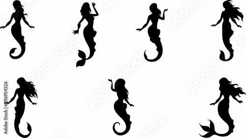 Enchanting mermaid silhouettes swimming gracefully, perfect for fantasy designs, fairytale illustrations, and magical underwater themes originally from scalable vectors