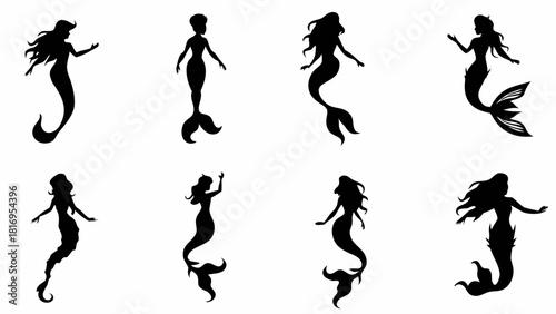 Magical mermaid silhouette collection, perfect for enchanting designs, mermaid themed parties, and creative projects with a touch of whimsical fantasy