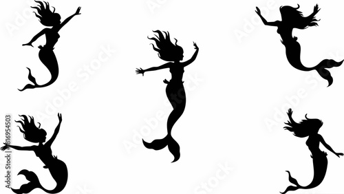 Mystical mermaid silhouettes swimming freely, a magical collection for fantasy designs and storybooks, evoking a sense of wonder and enchantment