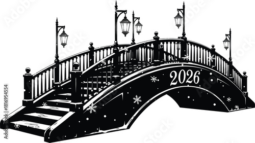 Black and illustration of an arched bridge with lanterns and year 2026 inscribed