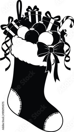 Black and illustration of a christmas stocking overflowing with gifts, candy canes, and ribbons