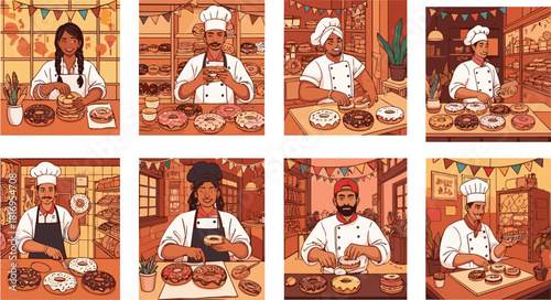 Chefs decorating donuts in bakery shop, diverse pastry makers creating sweet treats, colorful dessert display, artisanal donut preparation in warm cafe setting