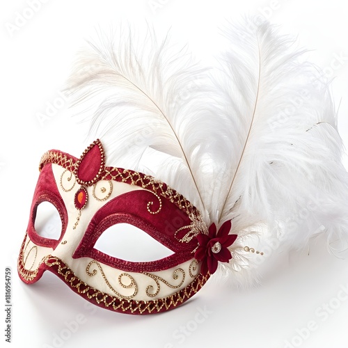 Carnival eye mask in white with red velvet decoration and white feathers.
