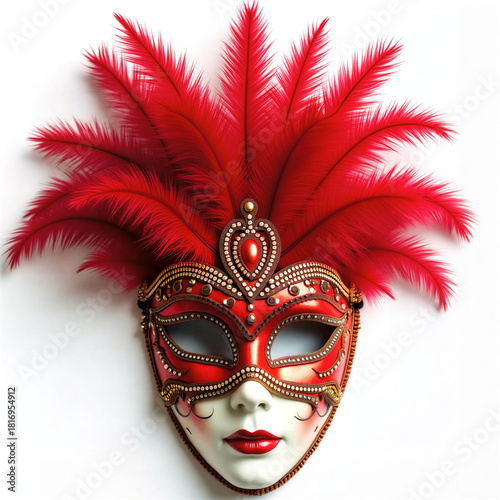 Red carnival eye mask with gold embroidery and red feathers on a white background