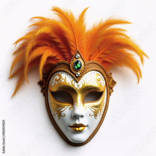 Venetian white full-face mask with gold pattern and yellow feathers on a white background